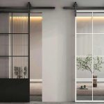 Main entrance front exterior double wood doors with glass design