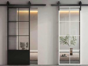 Main entrance front exterior double wood doors with glass design