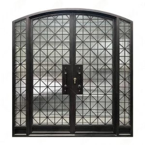 Retro vintage fashion decorative grill design figured glass double wrought iron door with sidelights